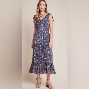 ANTHROPOLOGIE Floral V-Neck Henley Style Shimmer Maxi Dress Pullover Blue M NWT